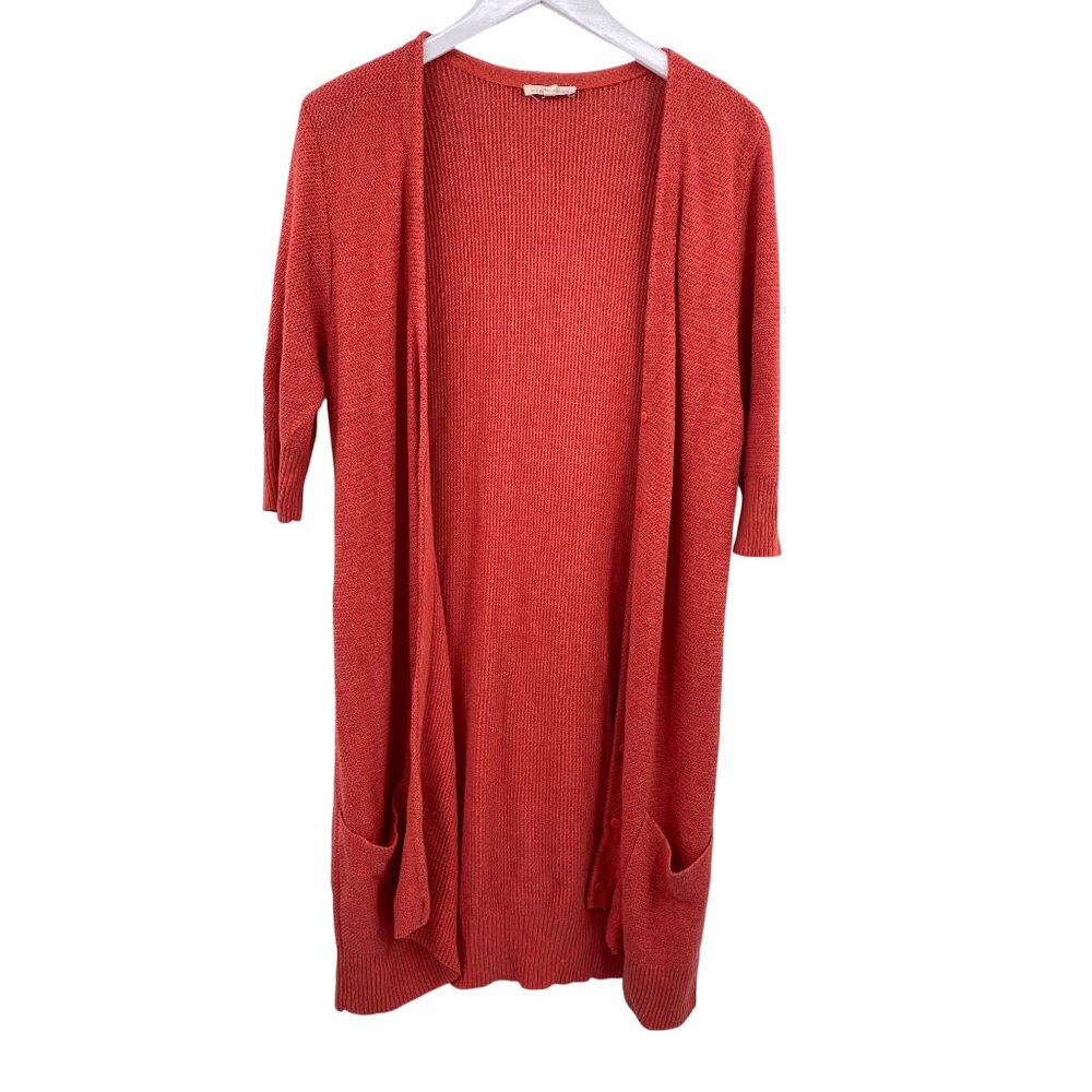 Eileen Fisher knit duster cardigan size medium linen blend burnt orange short sl